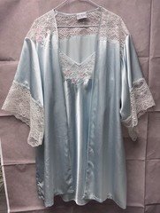 Vtg Val Mode Lingerie Nightgown Robe Blue Satin Lace Embroider Flowers Sz Large