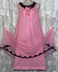 VTG XS S M GLAM Vanity Fair DEEP Pink Db Chiffon Nightgown w Satin & Black Lace