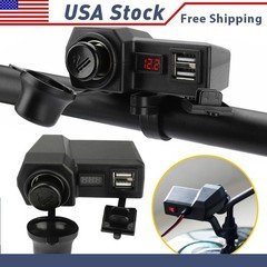 Waterproof Motorcycle Handlebar Dual USB Phone Charger Cigarette Lighter Socket