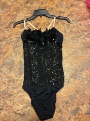 Weissman Black Swan Sequin Feathers Dance Costume Bodysuit Adult medium