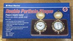 West Marine Nautical Brass Porthole Clock and Barometer Set Wood Mount Display