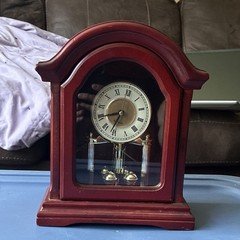 Westminster Brown Wood Mantel Clock, Analog Roman Numerals, Battery-Operated 10”