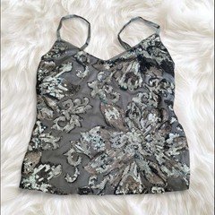 White House Black Market XS Gray/Silver Sequin Floral Mesh Camisole Adjustable