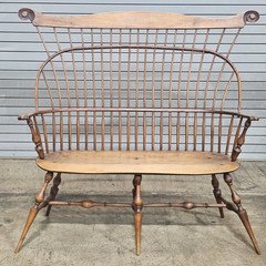Windsor Chair Comb Back Bench W Arms, Tiger Maple, Oak & Maple Made In Ohio 