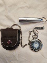 Wolverine Pocket Watch with Leather Case, Flashlight And Box. Untested 