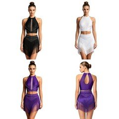 Women Dance Outfit Carnival Latin Crop Top Fringe Disco Mesh Tiered Halter Show