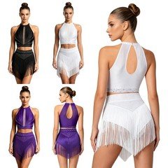 Women Fringe Tassel Dance Outfit Cha Cha Latin Carnival Mesh Show Rhinestone