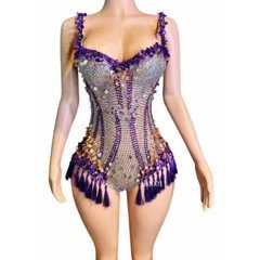Women Sparkly Rhinestones Sequins Tassels V Neck Bodysuit Sexy New Dance Costume