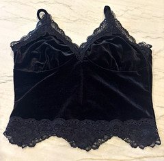 Women's Black Lace Trim Strappy Cropped Camisole Top, Solid, Size S