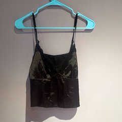 Women's Black Solid Satin Lace Trim Spaghetti Strap Camisole Top Size L