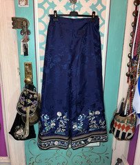 Women's Blue Floral Embroidered Pants Lined, Regular Size Qing Dynasty 
