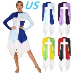 Womens Color Block Praise Dance Dress Long Sleeve Irregular Hem Tunic Dress