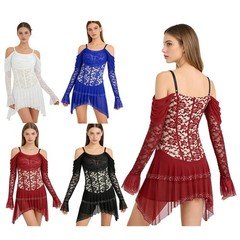 Womens Dancewear Salsa Costume Sleeveless Leotard Modern Dress Tiered Skirt Hem