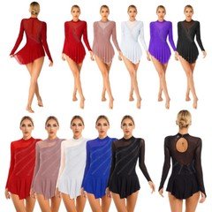 Womens Ice Skating Outfit Glitter Rhinestone Irregular Hem Competition Costumes