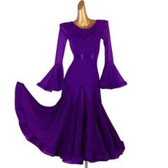 Womens Long Sleeves Big Swing Long Dress Ballroom Waltz Dance Dress Black Purple