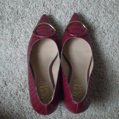 womens red animal print pointed toe slip on pump block heel buckle synthetic