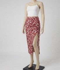 Women’s Red & White Floral Midi Skirt Ruched Drawstring Side Slit
