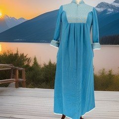 Womens Vintage 70s Maxi House Coat Blue Quilted Yoke Zip Robe Mod Sears Best
