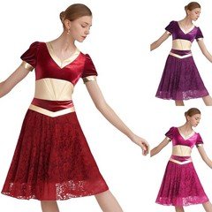 Women's Vintage Arabian Metallic Florals Lace Short Sleeve Dance Dress Costume