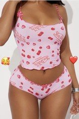 Women’s Von Dutch Originals Printed Mesh Lettuce Edge Cami Panty Set Pink Medium