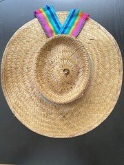Women's Wide Brim Straw Sun Hat Beige Embroidered Multicolor Band One Size