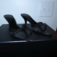 YSL  Carla   Women's Black Square Toe Strappy Mule Heels Slip-On Stiletto Solid