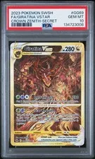 This is a picture showing 2023 POKEMON SWORD & SHIELD CROWN ZENITH SECRET FULL ART/GIRATINA VSTAR PSA 10