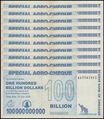 Zimbabwe 100 Billion Dollars Special Agro Cheque, 2008, P-64, Used X 10 PCS